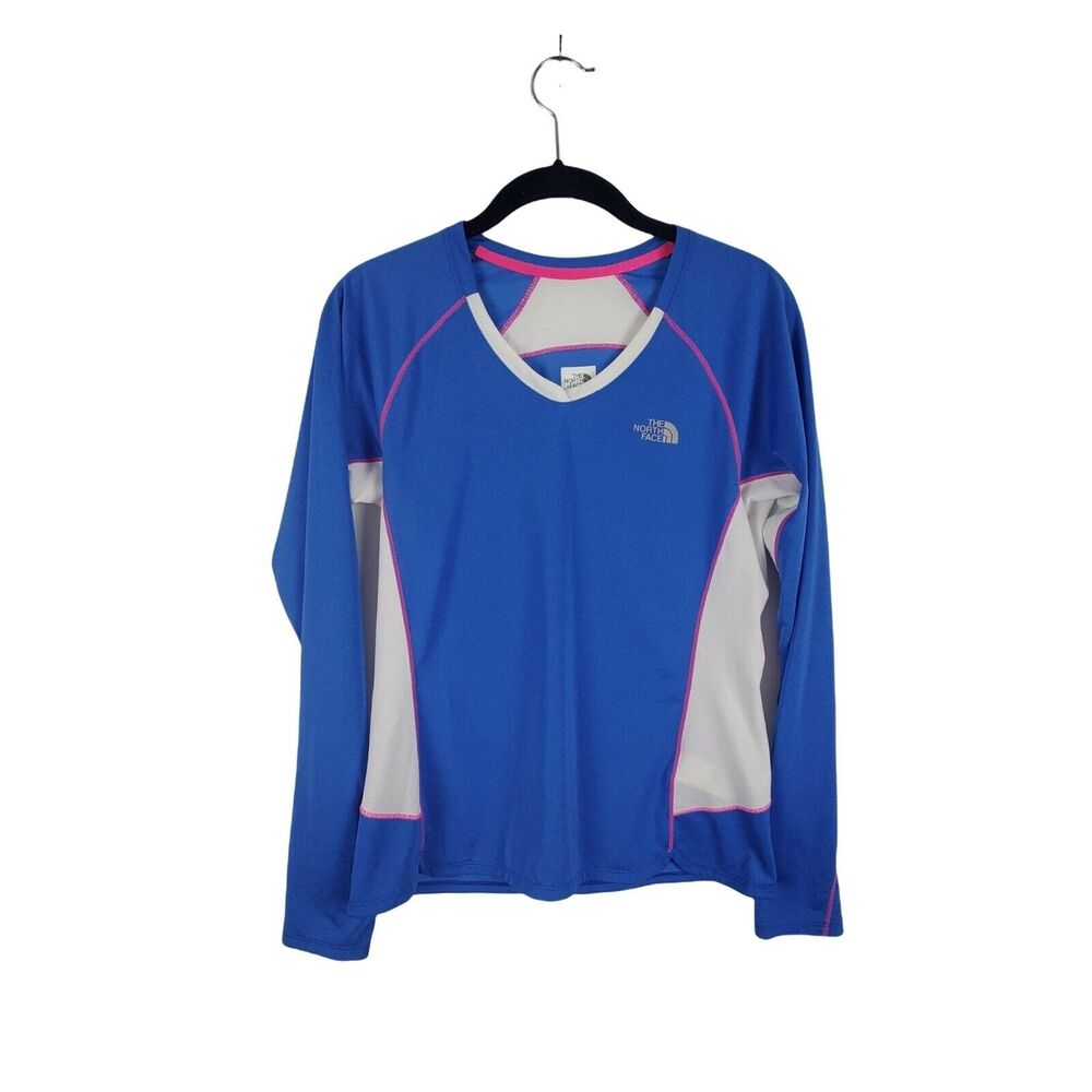 The North Face Flash Dry Long Sleeve Shirt S/P Womens Blue Pink V neck Casual To
